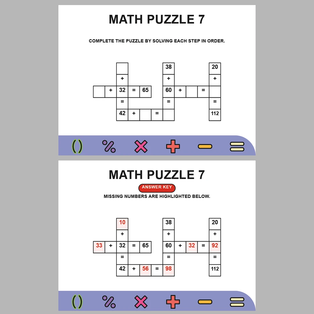 Math Puzzle Addition 10 Puzzle Pages + 10 Answer Key Pages (Vol. 5)