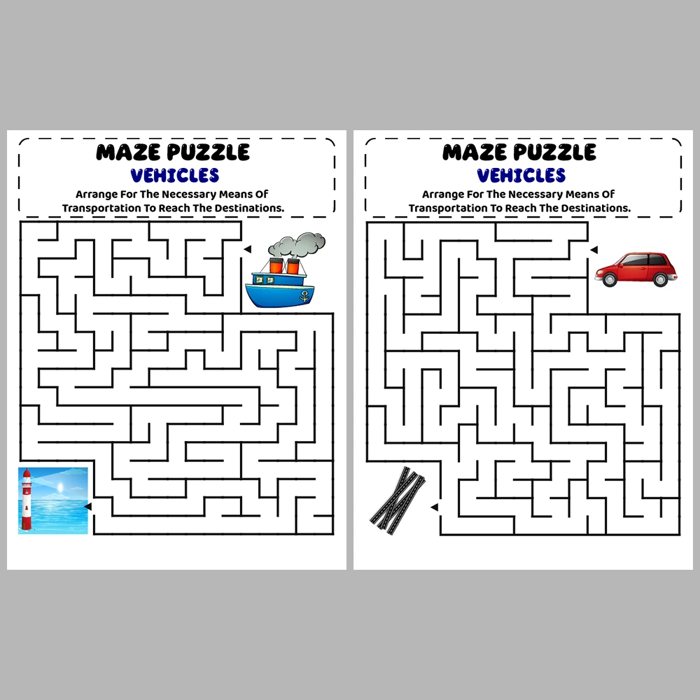 Vehicles Kids Maze Puzzle 10 Pages of Puzzles