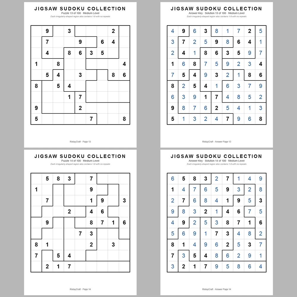 Sudoku Puzzle Jigsaw Sudoku 100 Puzzle Pages + 100 Answer Key Pages