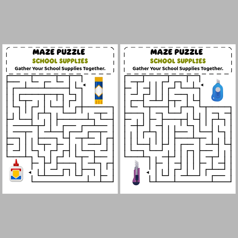 School Supplies Kids Maze Puzzle 10 Pages of Puzzles