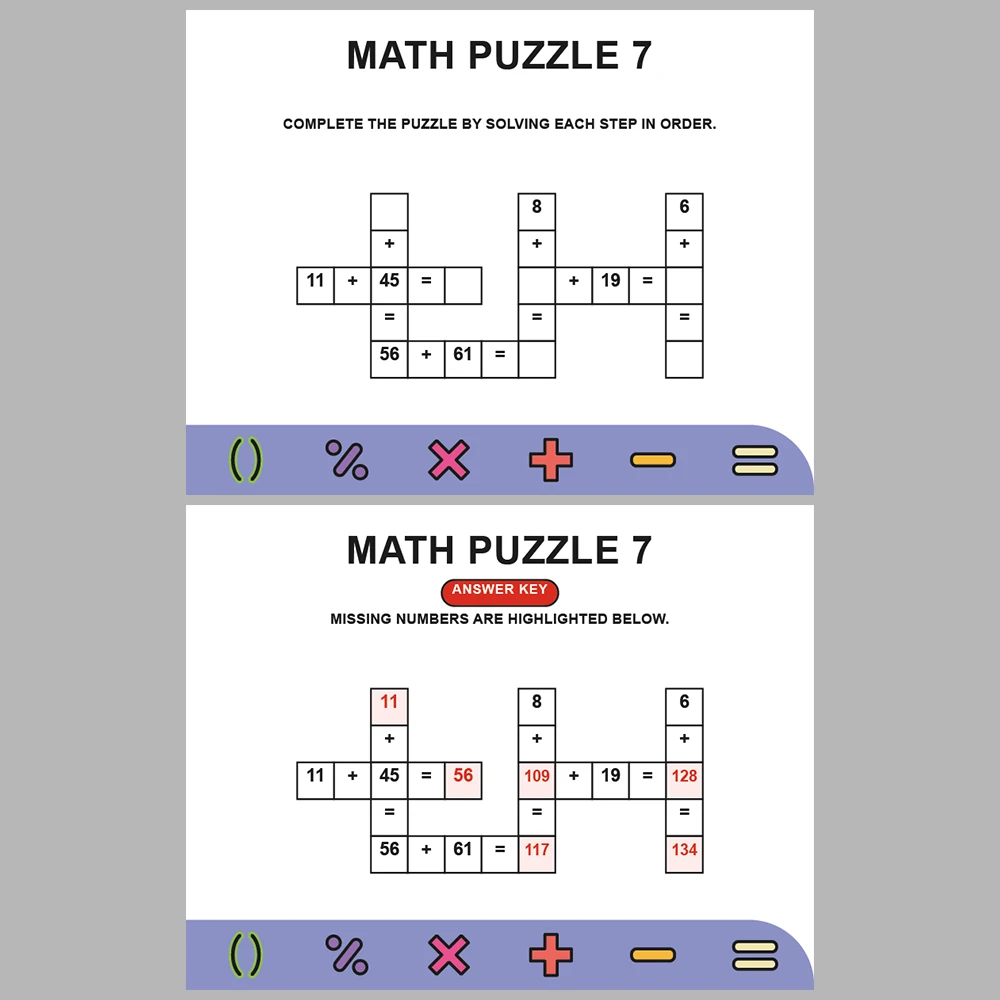 Math Puzzle Addition 10 Puzzle Pages + 10 Answer Key Pages (Vol. 1)