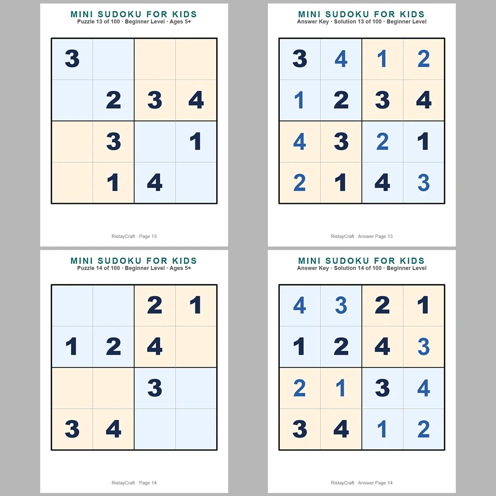 Mini Sudoku Puzzle for Kids 100 Puzzle Pages + 100 Answer Key Pages