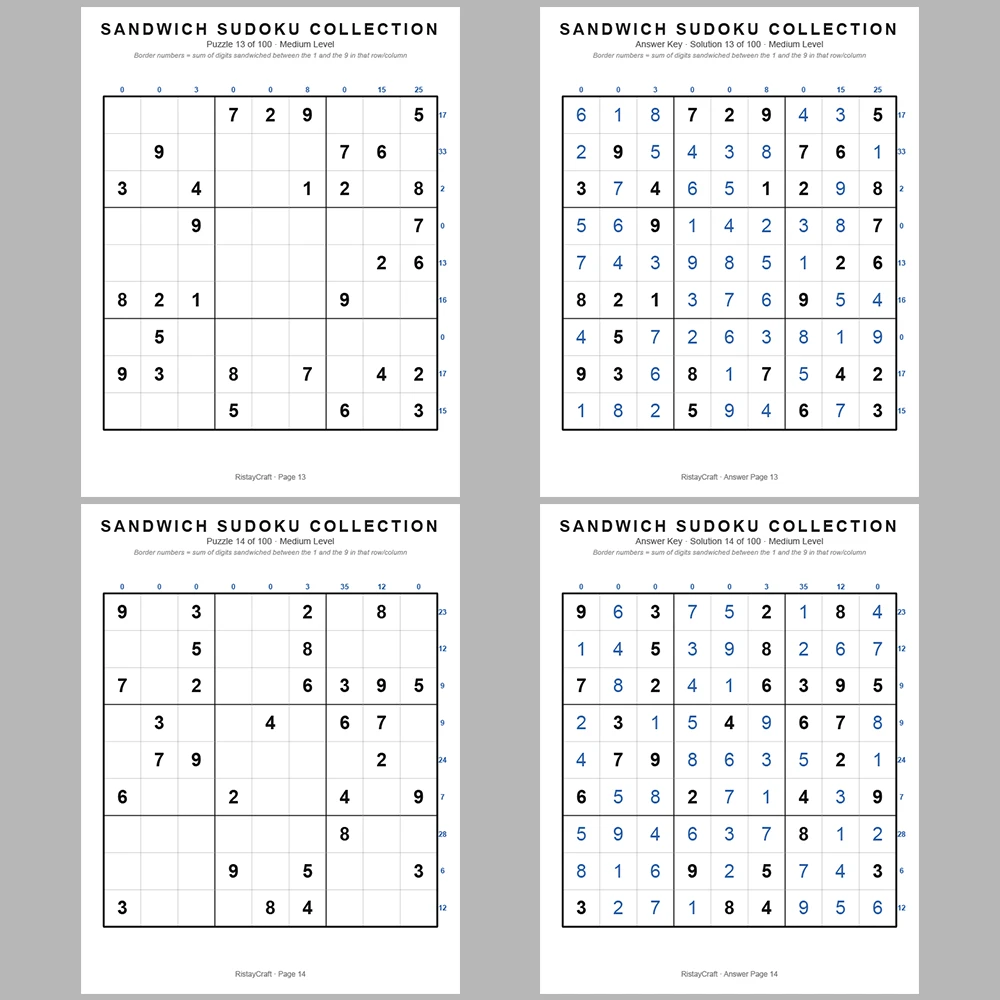 Suooku Puzzle Sandwich Sudoku 100 Puzzle Pages + 100 Answer Key Pages