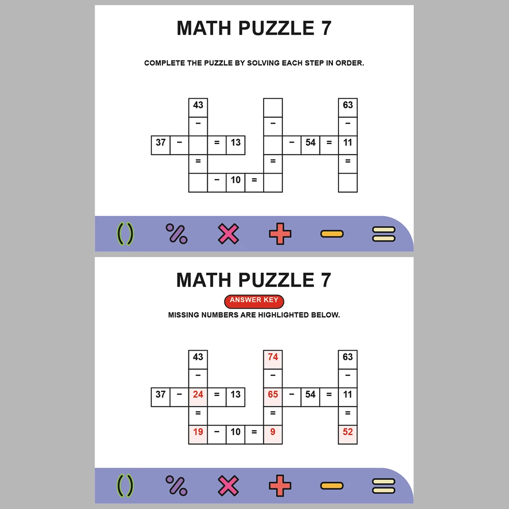 Math Puzzle Subtraction 10 Puzzle Pages + 10 Answer Key Pages (Vol. 9)