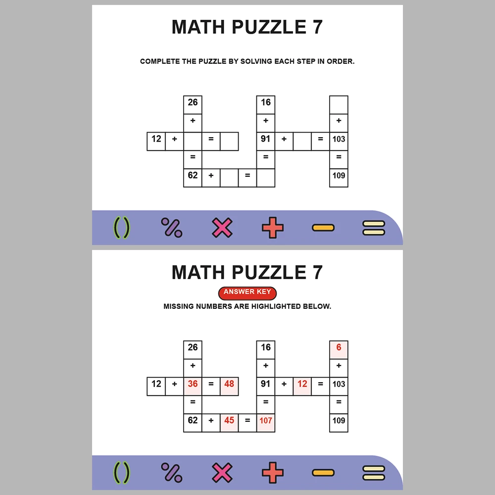 Math Puzzle Addition 10 Puzzle Pages + 10 Answer Key Pages (Vol. 8)