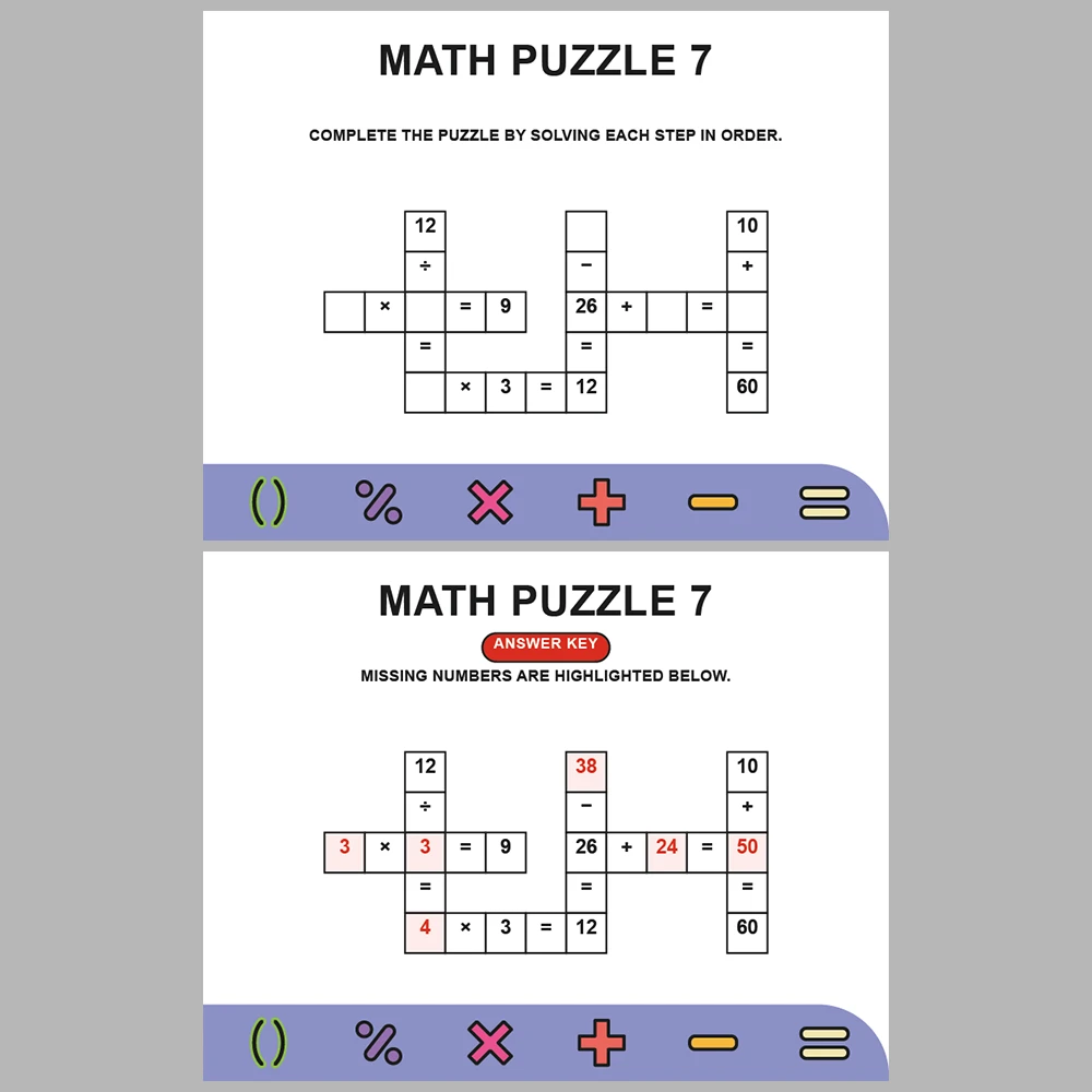 Math Puzzle Four Operations 10 Puzzle Pages + 10 Answer Key Pages (Vol. 8)