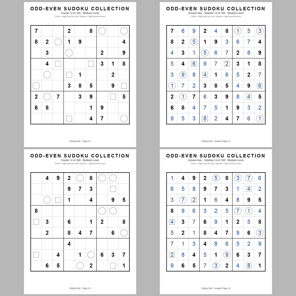 Sudoku Puzzle Odd-even Sudoku 100 Puzzle Pages + 100 Answer Key Pages