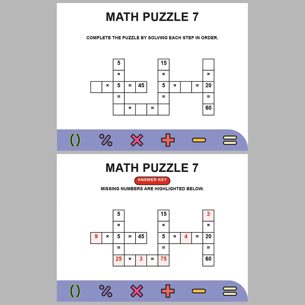 Math Puzzle Multiplication 10 Puzzle Pages + 10 Answer Key Pages (Vol. 9)