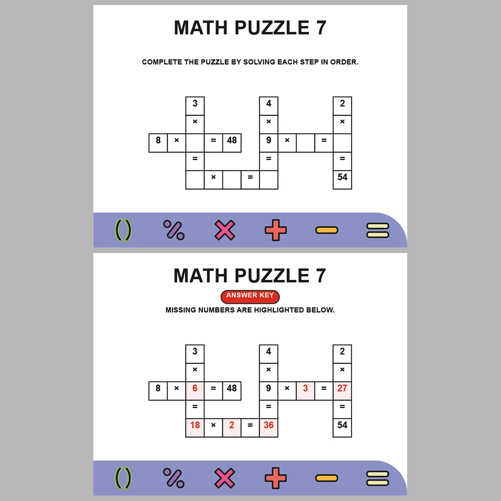 Math Puzzle Multiplication 10 Puzzle Pages + 10 Answer Key Pages (Vol. 1)