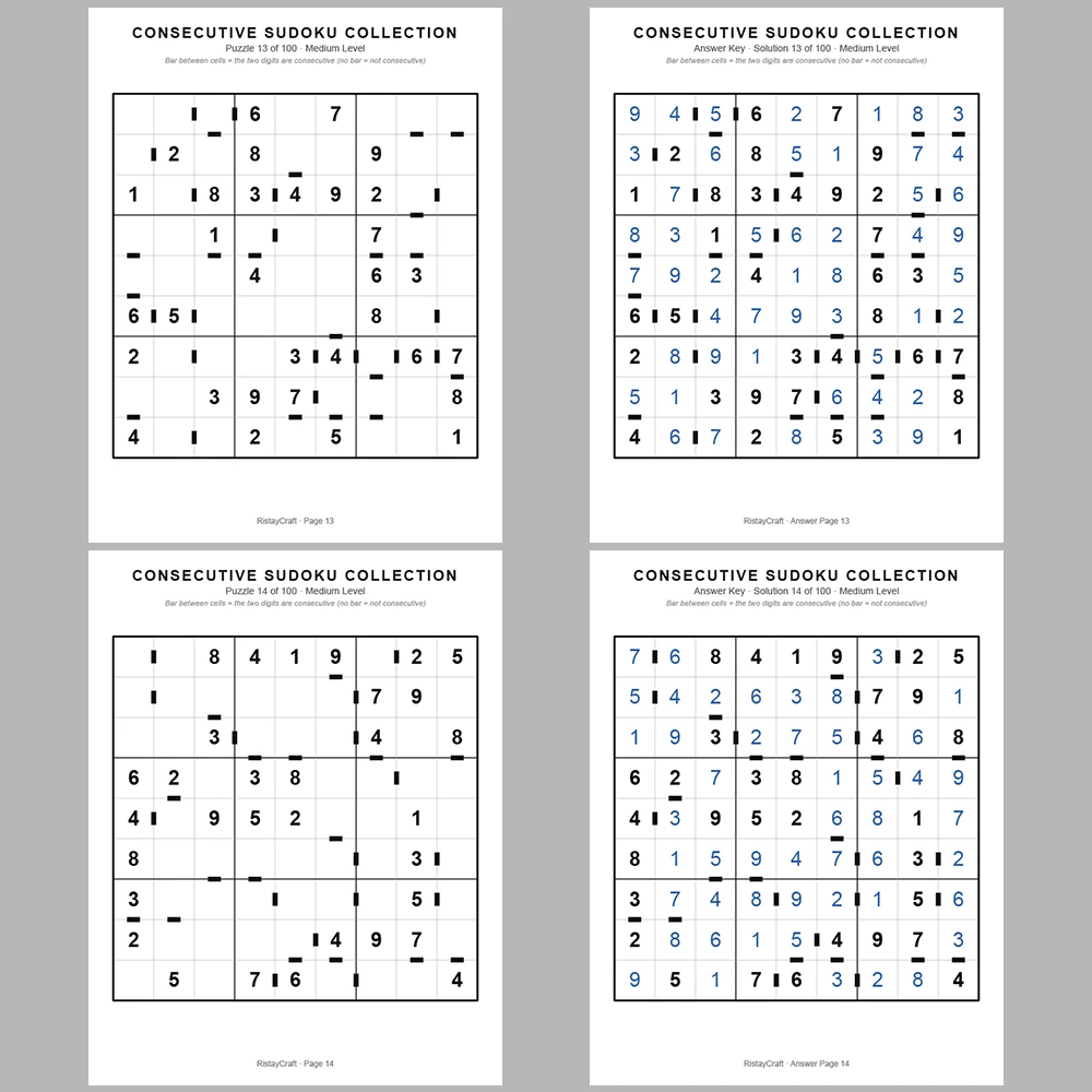 Sudoku Puzzle Consecutive Sudoku 100 Puzzle Pages + 100 Answer Key Pages