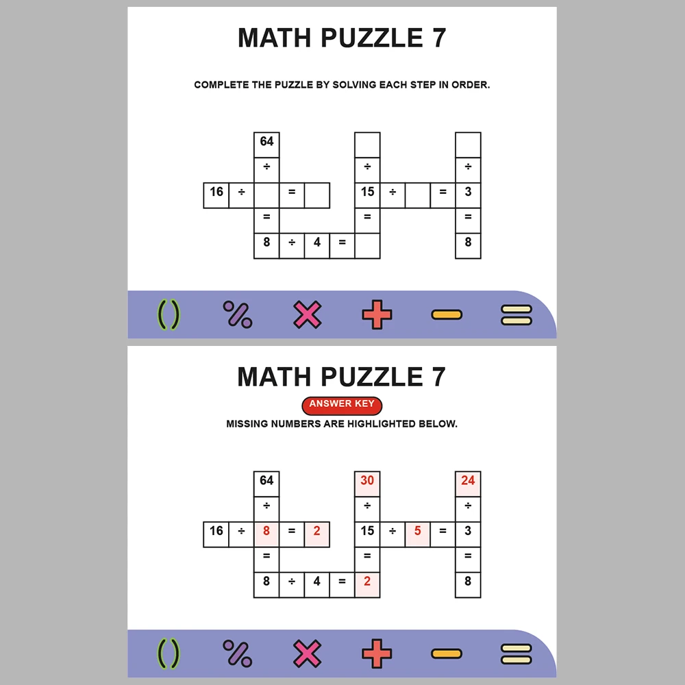 Math Puzzle Division 10 Puzzle Pages + 10 Answer Key Pages (Vol. 5)