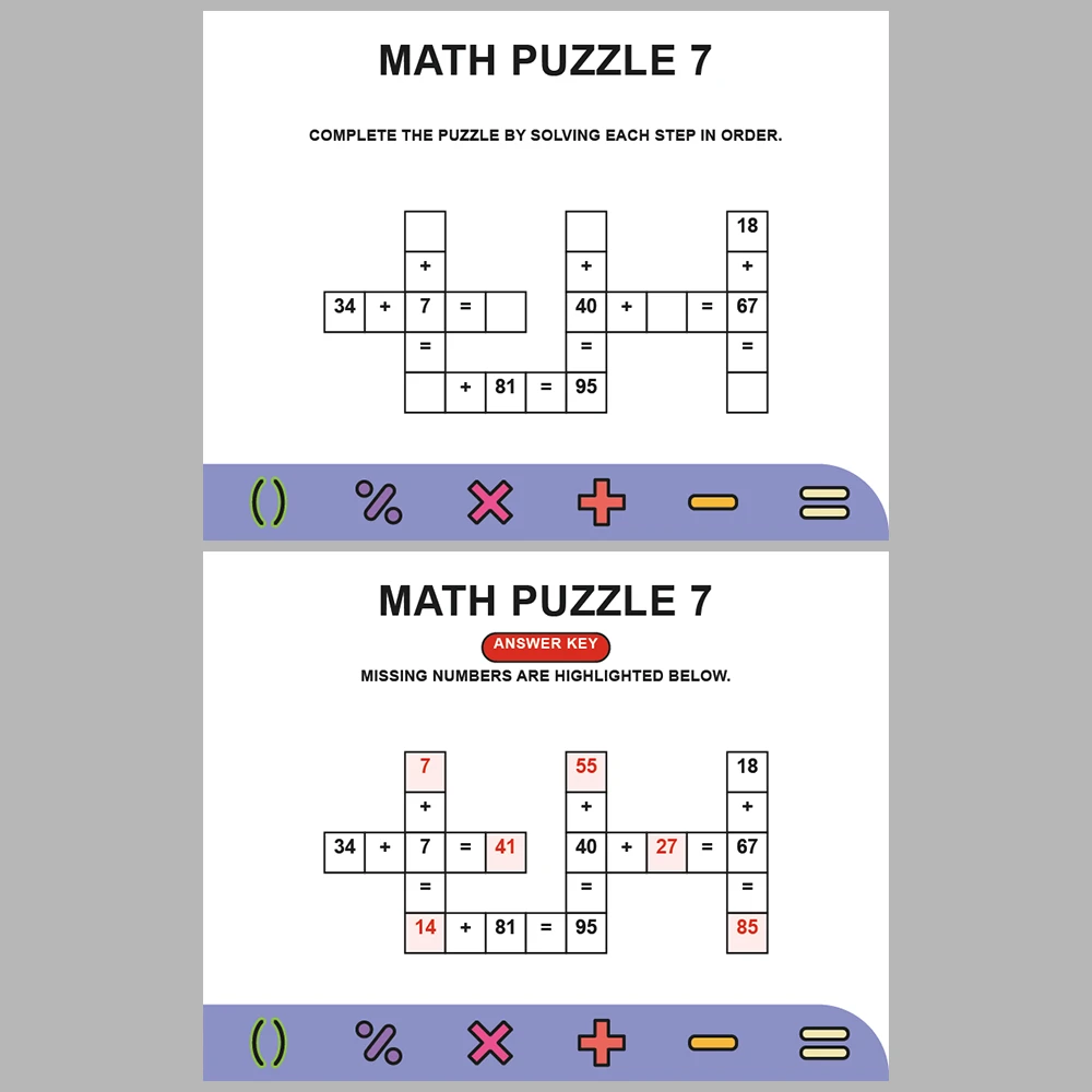 Math Puzzle Addition 10 Puzzle Pages + 10 Answer Key Pages (Vol. 7)