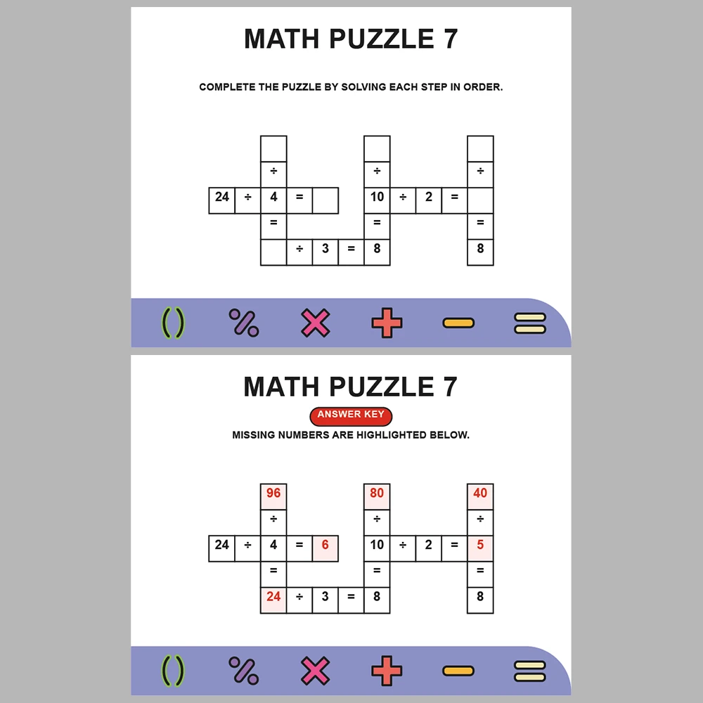 Math Puzzle Division 10 Puzzle Pages + 10 Answer Key Pages (Vol. 6)