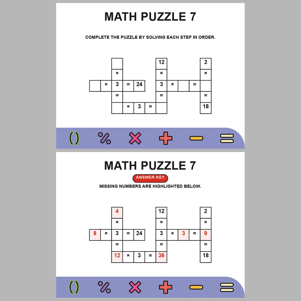 Math Puzzle Multiplication 10 Puzzle Pages + 10 Answer Key Pages (Vol. 8)