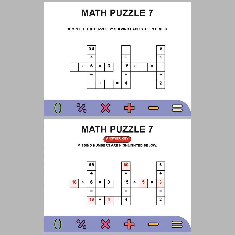 Math Puzzle Division 10 Puzzle Pages + 10 Answer Key Pages (Vol. 7)