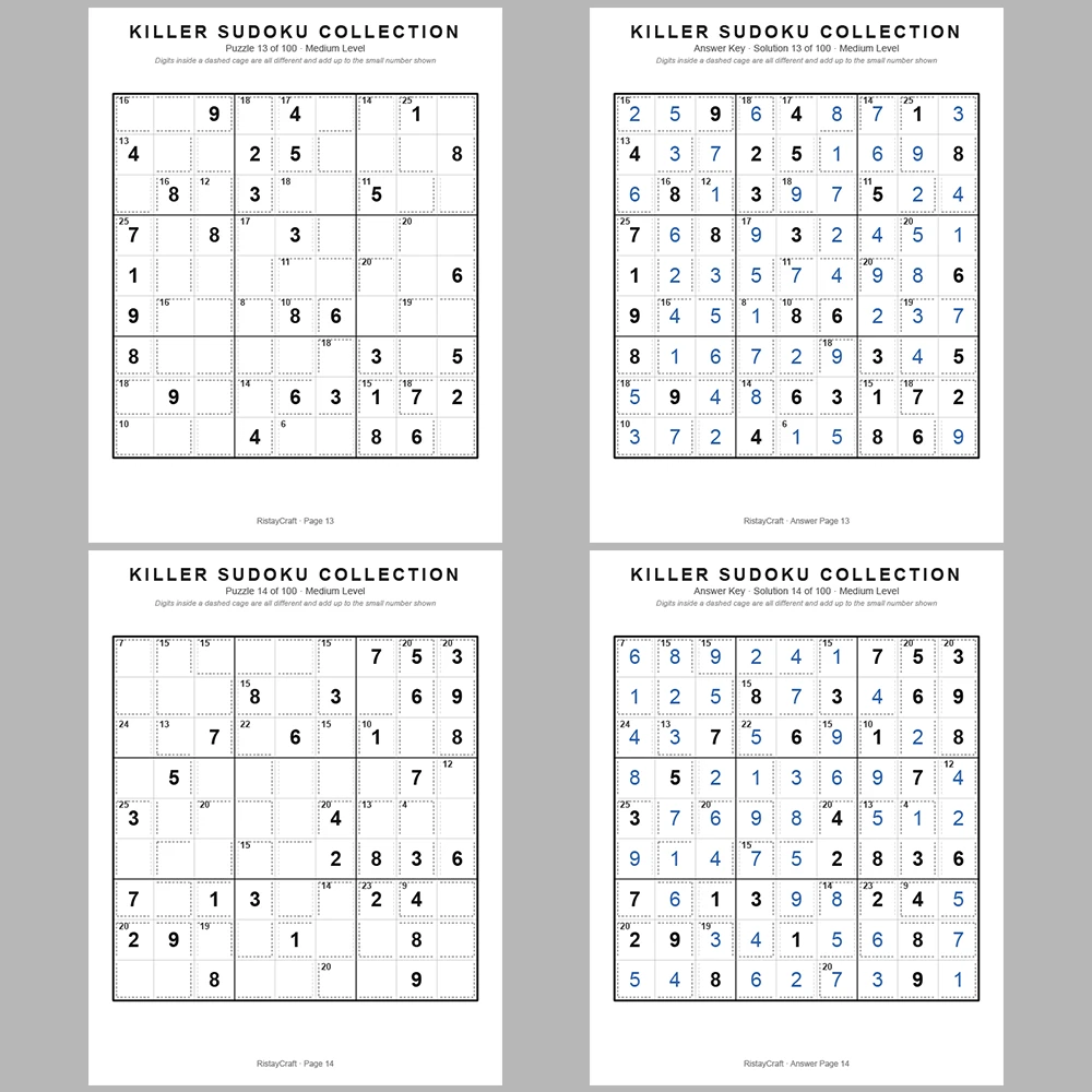 Sudoku Puzzle Killer Sudoku 100 Puzzle Pages + 100 Answer Key Pages