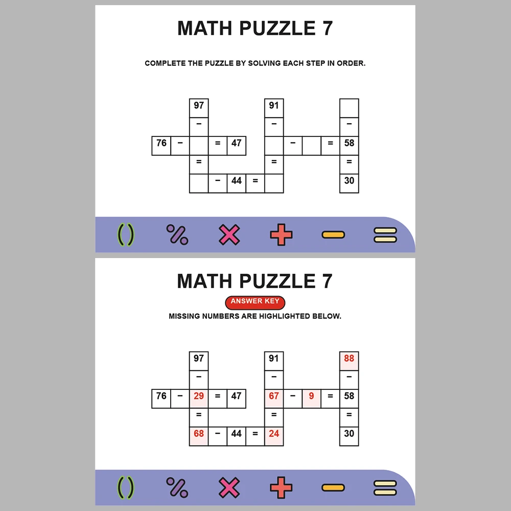 Math Puzzle Subtraction 10 Puzzle Pages + 10 Answer Key Pages (Vol. 1)