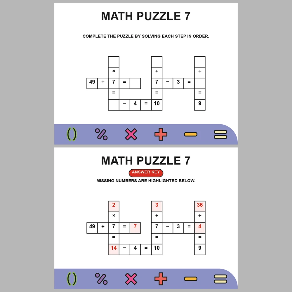 Math Puzzle Four Operations 10 Puzzle Pages + 10 Answer Key Pages (Vol. 16)