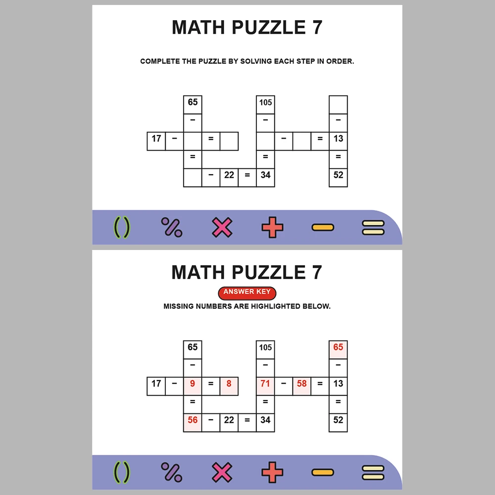 Math Puzzle Subtraction 10 Puzzle Pages + 10 Answer Key Pages (Vol. 6)