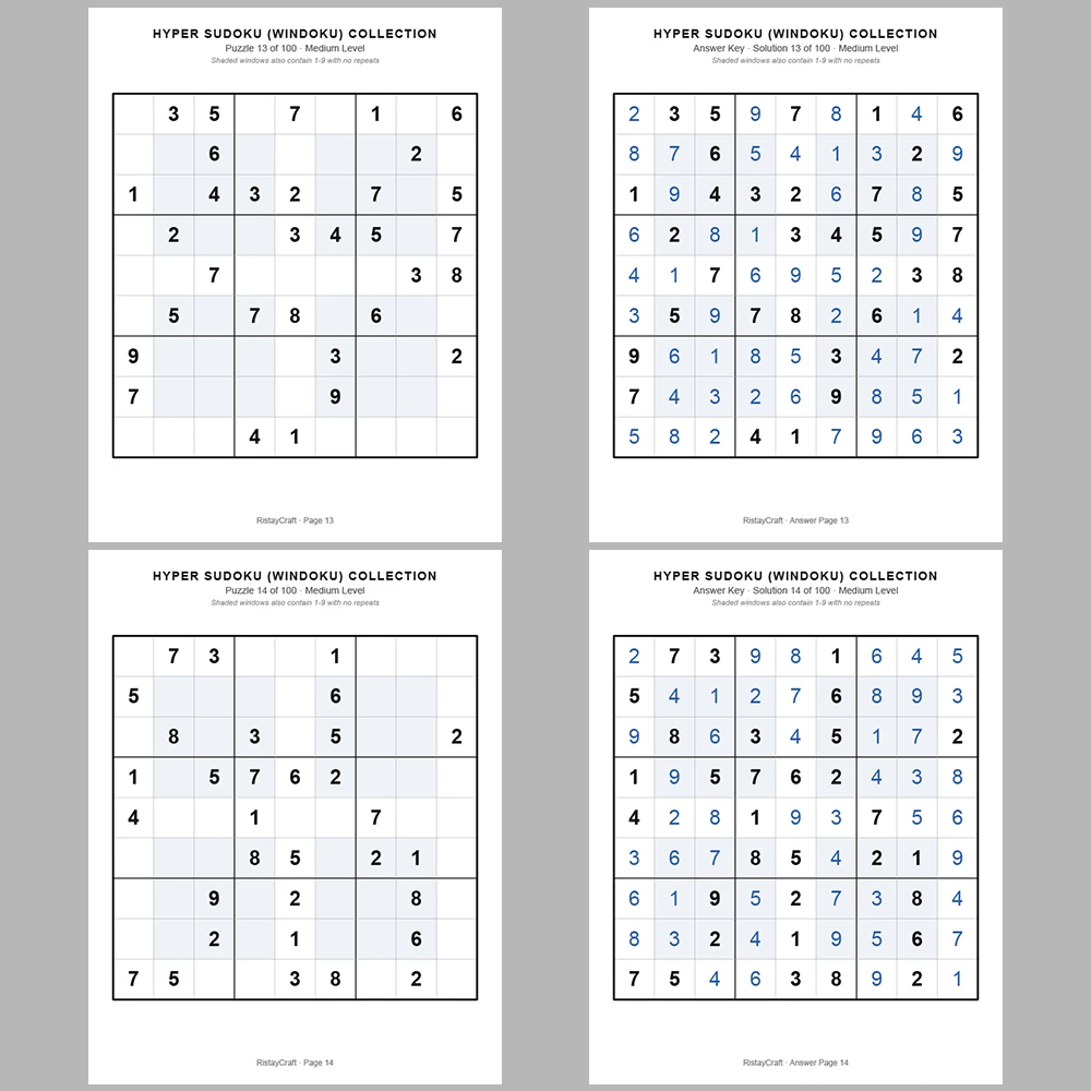 Sudoku Puzzle Hyper Sudoku 100 Puzzle Pages + 100 Answer Key Pages
