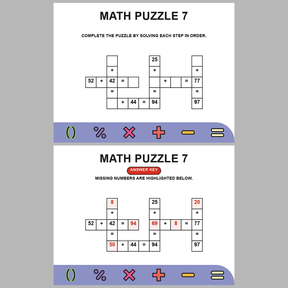 Math Puzzle Addition 10 Puzzle Pages + 10 Answer Key Pages (Vol. 3)