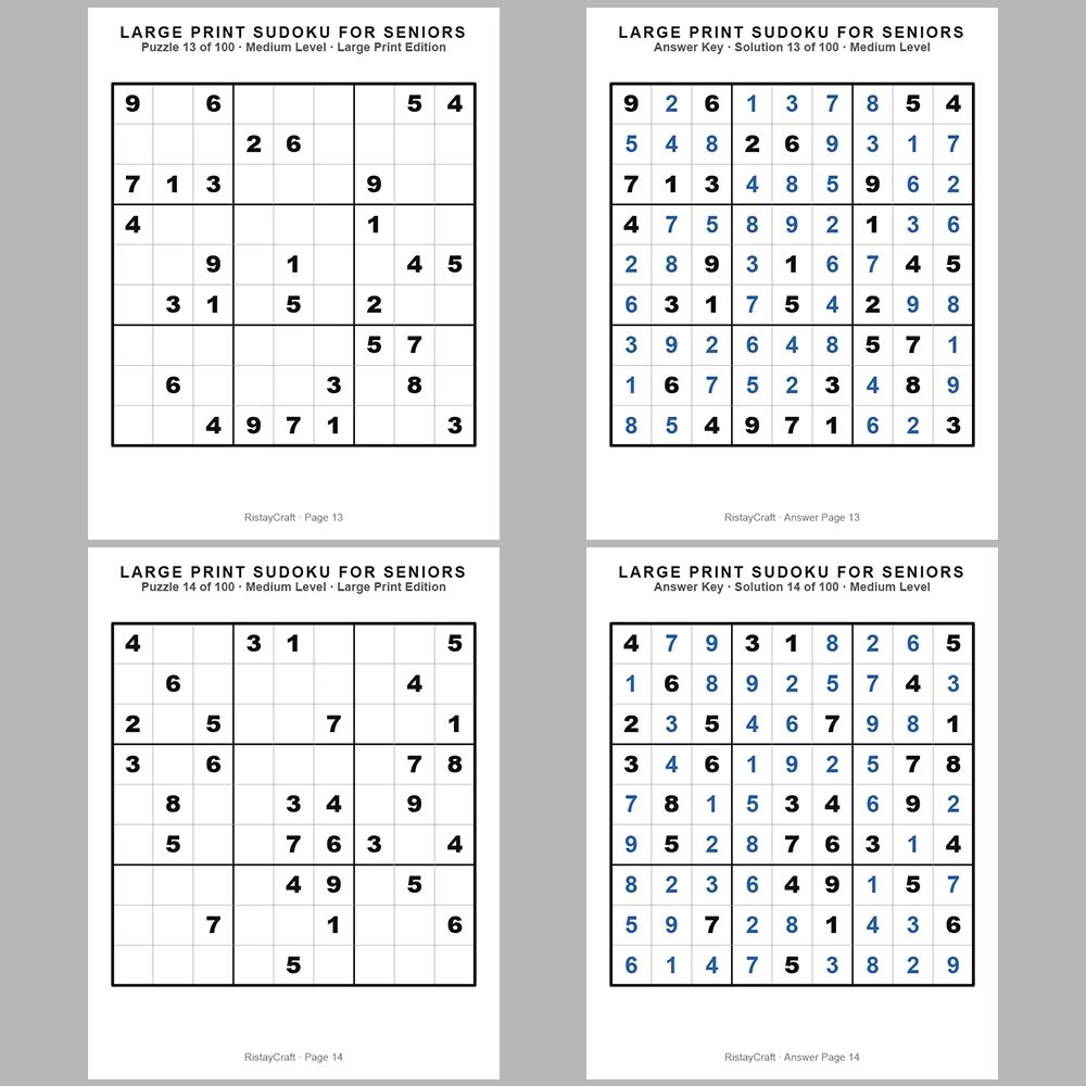 Sudoku Puzzle Senior – Medium 100 Puzzle Pages + 100 Answer Key Pages