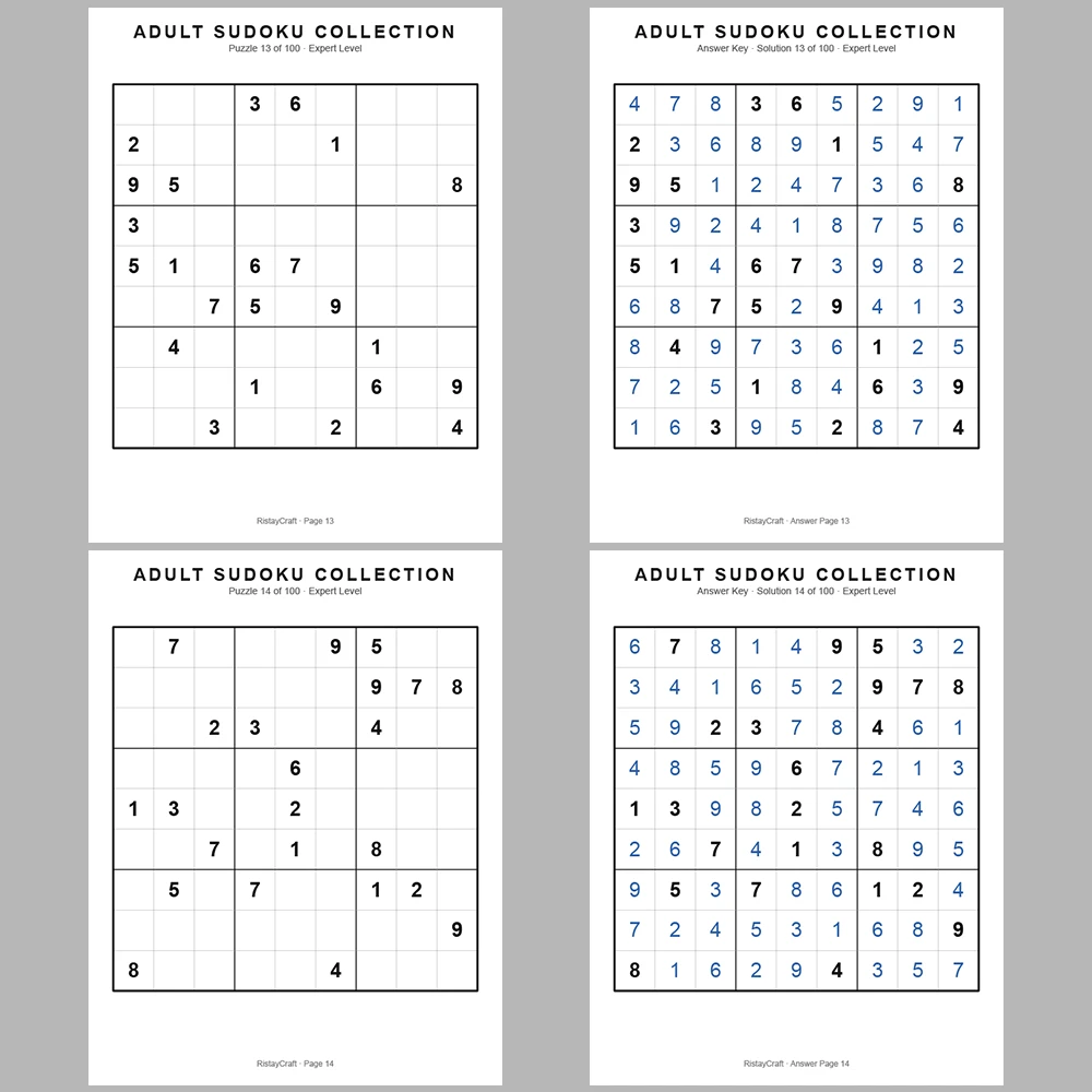 Sudoku Puzzle Adult Expert 100 Puzzle Pages + 100 Answer Key Pages
