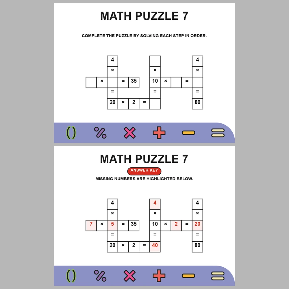 Math Puzzle Multiplication 10 Puzzle Pages + 10 Answer Key Pages (Vol. 6)