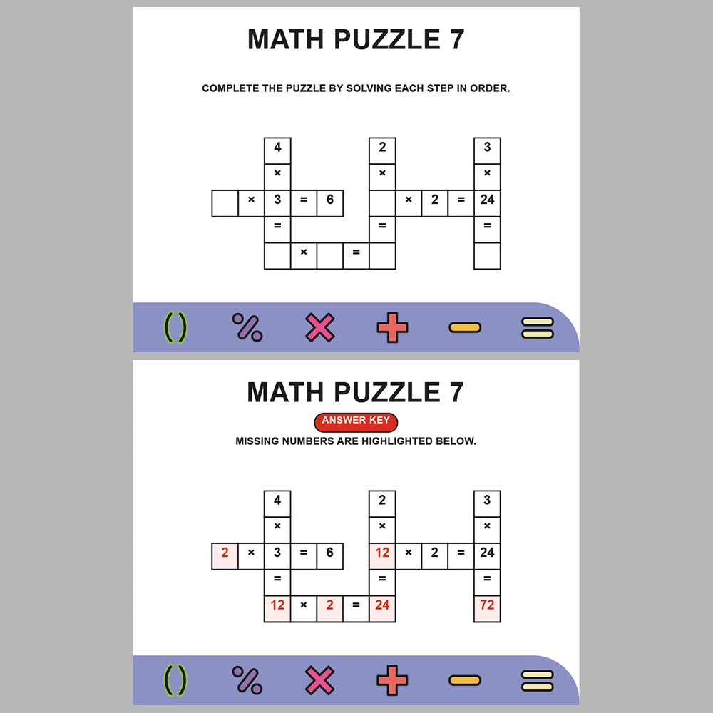 Math Puzzle Multiplication 10 Puzzle Pages + 10 Answer Key Pages (Vol. 3)