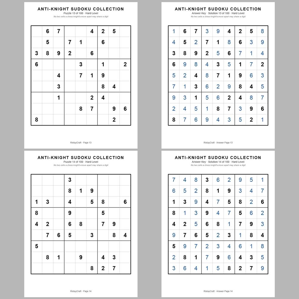 Sudoku Puzzle Anti-knight Sudoku 100 Puzzle Pages + 100 Answer Key Pages