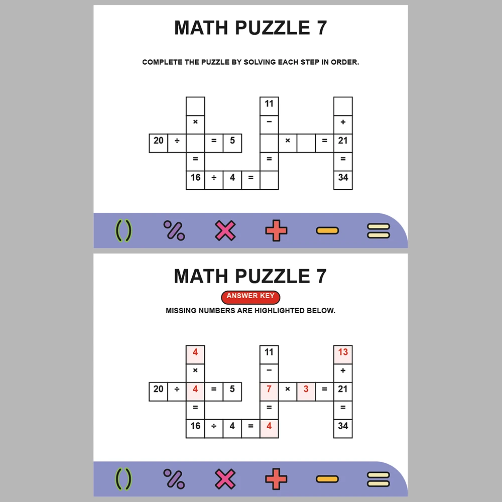 Math Puzzle Four Operations 10 Puzzle Pages + 10 Answer Key Pages (Vol. 3)