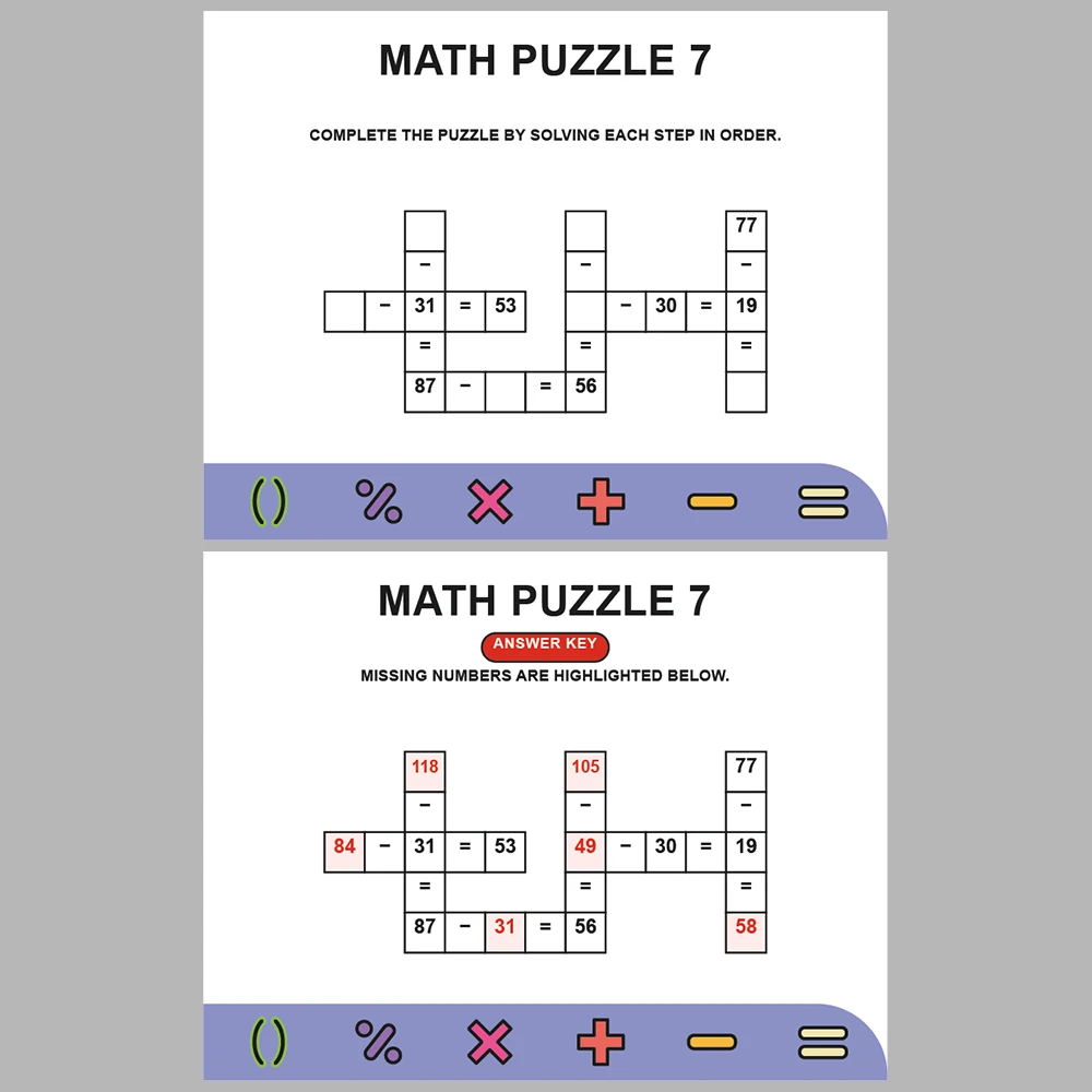 Math Puzzle Subtraction 10 Puzzle Pages + 10 Answer Key Pages (Vol. 3)