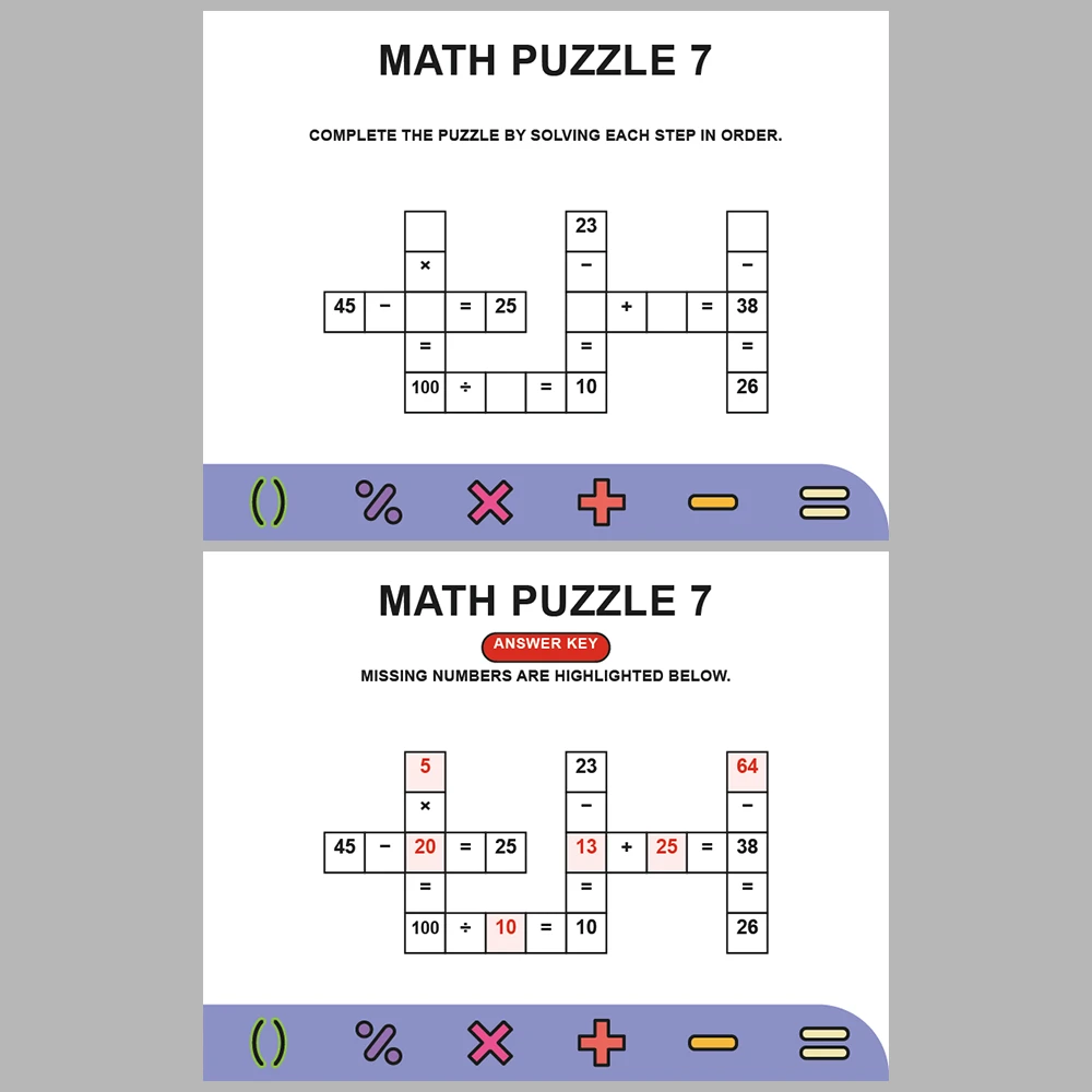 Math Puzzle Four Operations 10 Puzzle Pages + 10 Answer Key Pages (Vol. 10)