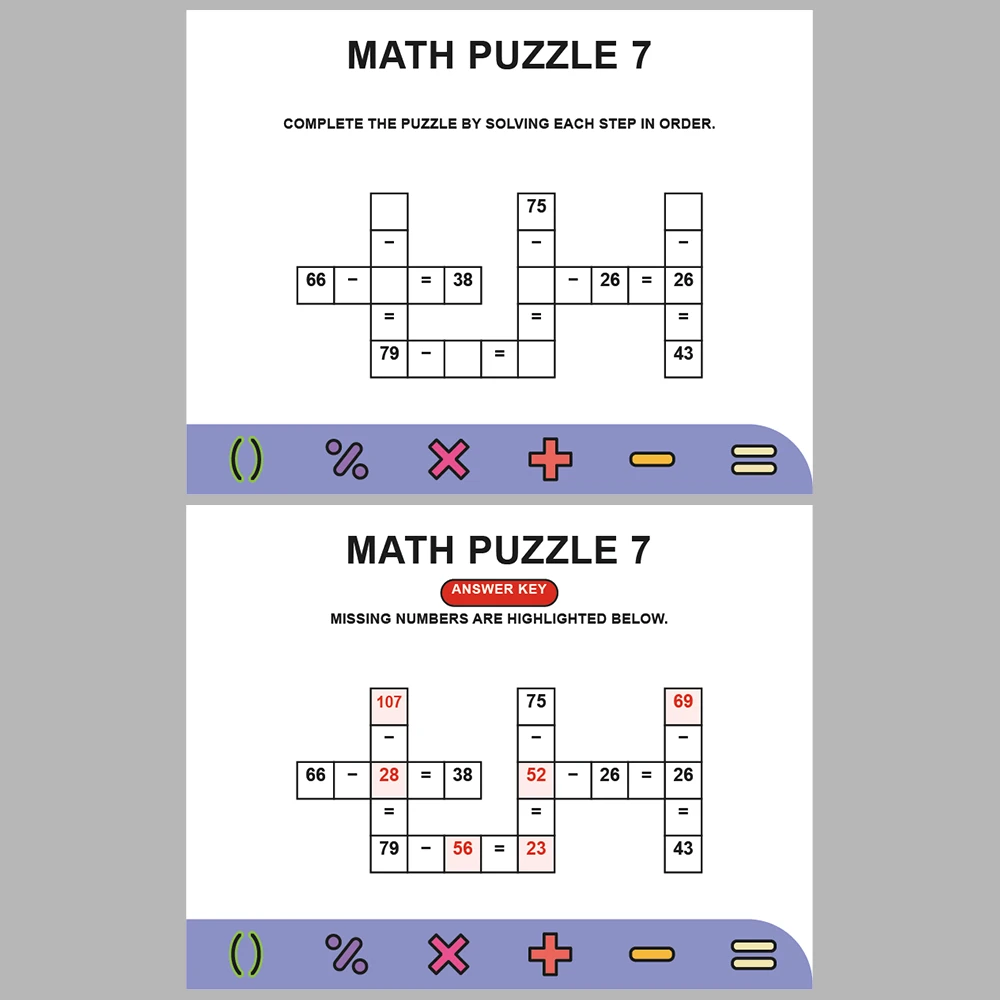 Math Puzzle Subtraction 10 Puzzle Pages + 10 Answer Key Pages (Vol. 4)