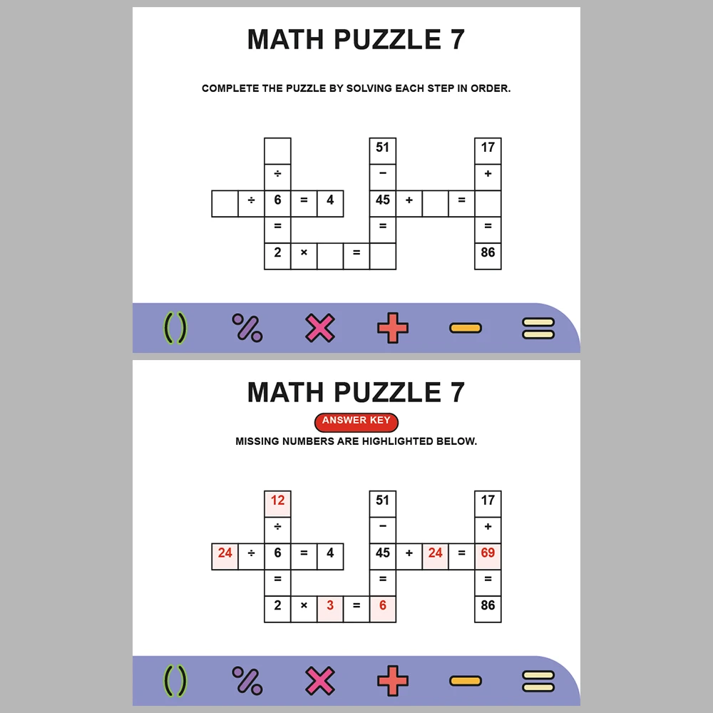Math Puzzle Four Operations 10 Puzzle Pages + 10 Answer Key Pages (Vol. 14)