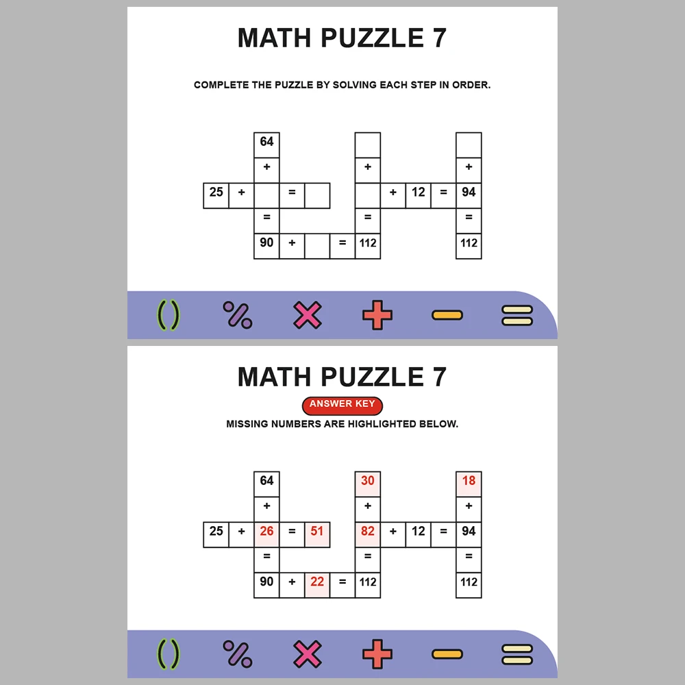 Math Puzzle Addition 10 Puzzle Pages + 10 Answer Key Pages (Vol. 4)