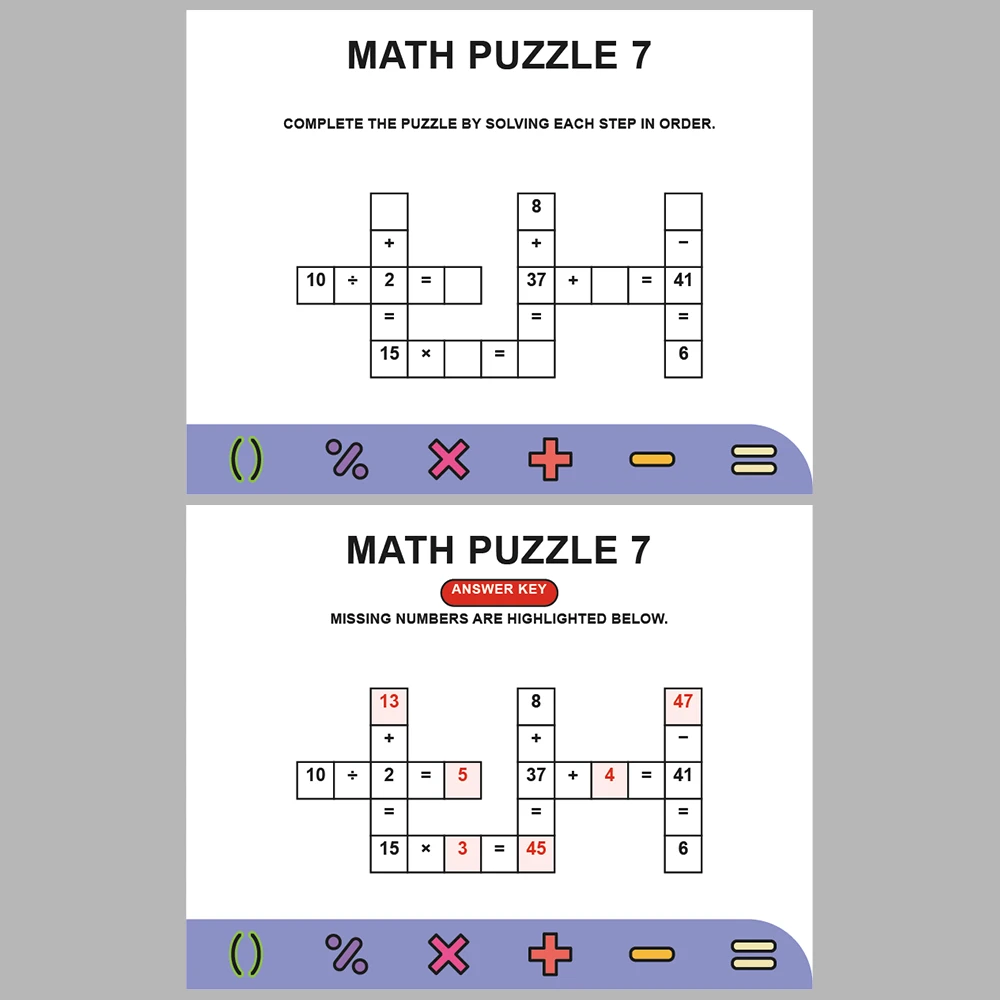 Math Puzzle Four Operations 10 Puzzle Pages + 10 Answer Key Pages (Vol. 1)