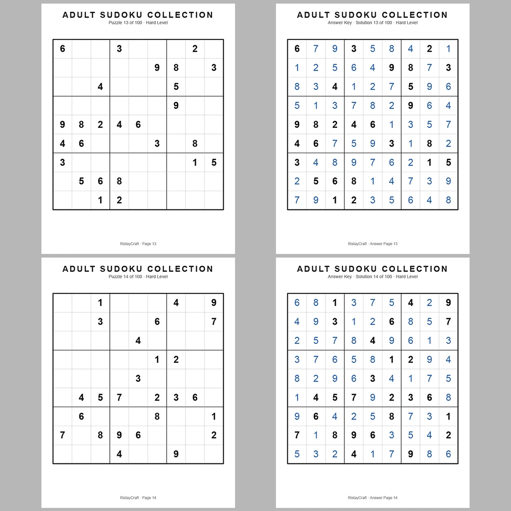 Sudoku Puzzle Adult Hard 100 Puzzle Pages + 100 Answer Key Pages