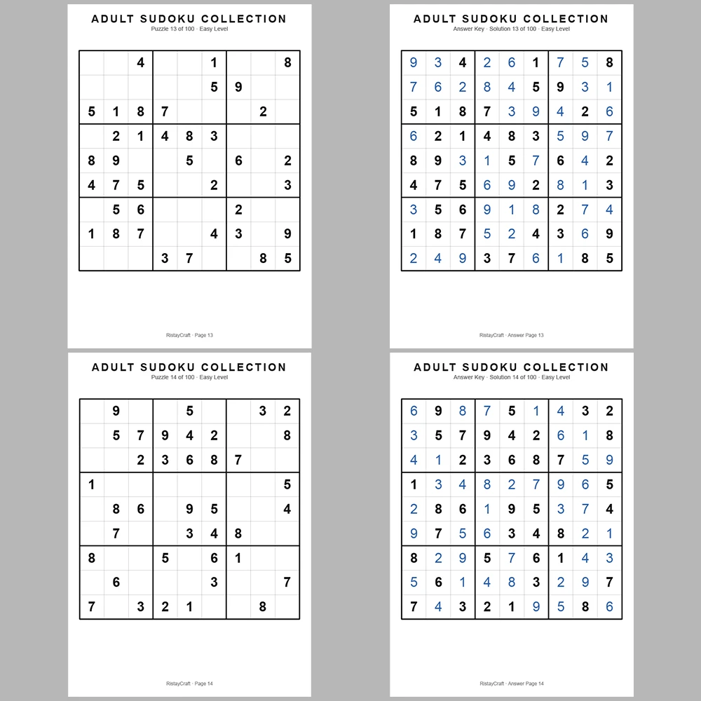 Sudoku Puzzle Adult Easy 100 Puzzle Pages + 100 Answer Key Pages