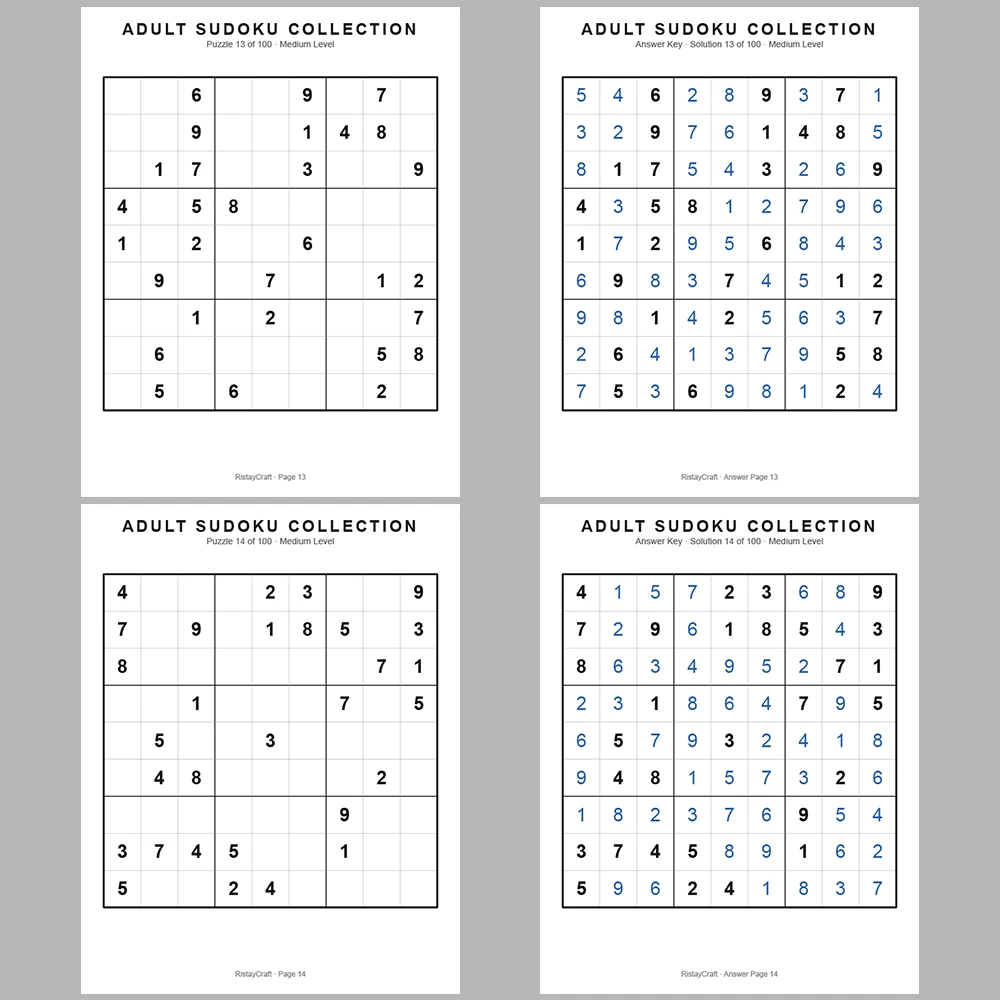 Sudoku Puzzle Adult Medium 100 Puzzle Pages + 100 Answer Key Pages