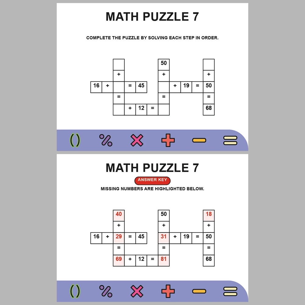 Math Puzzle Addition 10 Puzzle Pages + 10 Answer Key Pages (Vol. 2)