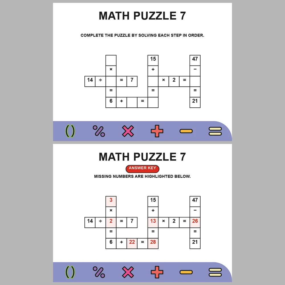Math Puzzle Four Operations 10 Puzzle Pages + 10 Answer Key Pages (Vol. 7)