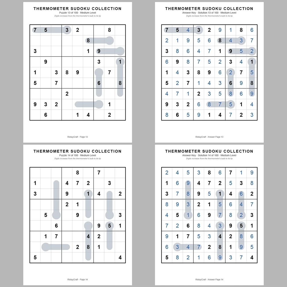 Sudoku Puzzle Thermometer Sudoku 100 Puzzle Pages + 100 Answer Key Pages