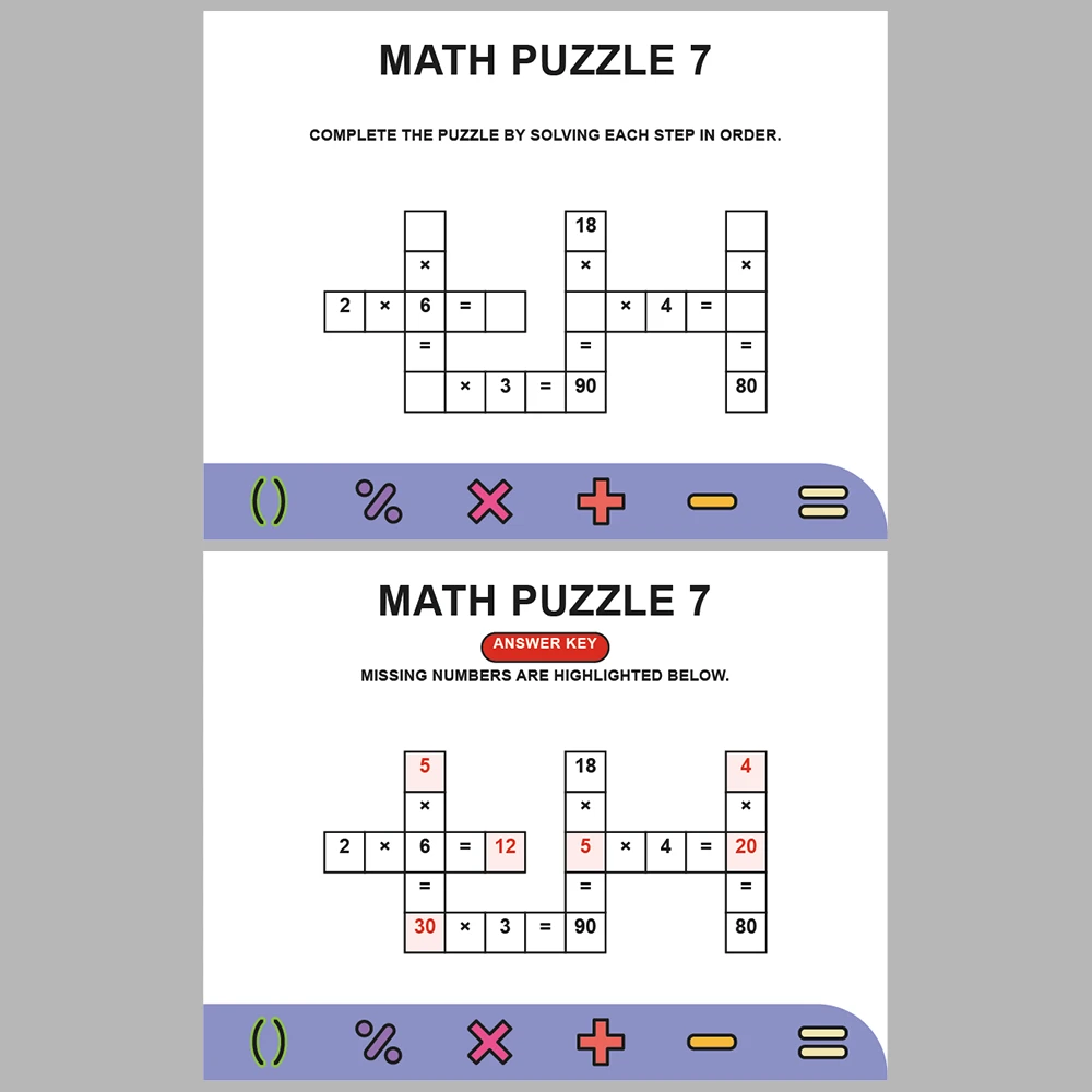 Math Puzzle Multiplication 10 Puzzle Pages + 10 Answer Key Pages (Vol. 10)
