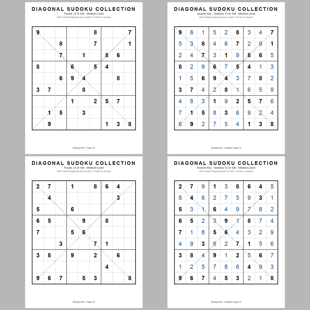 Sudoku Puzzle Diagonal Sudoku 100 Puzzle Pages + 100 Answer Key Pages