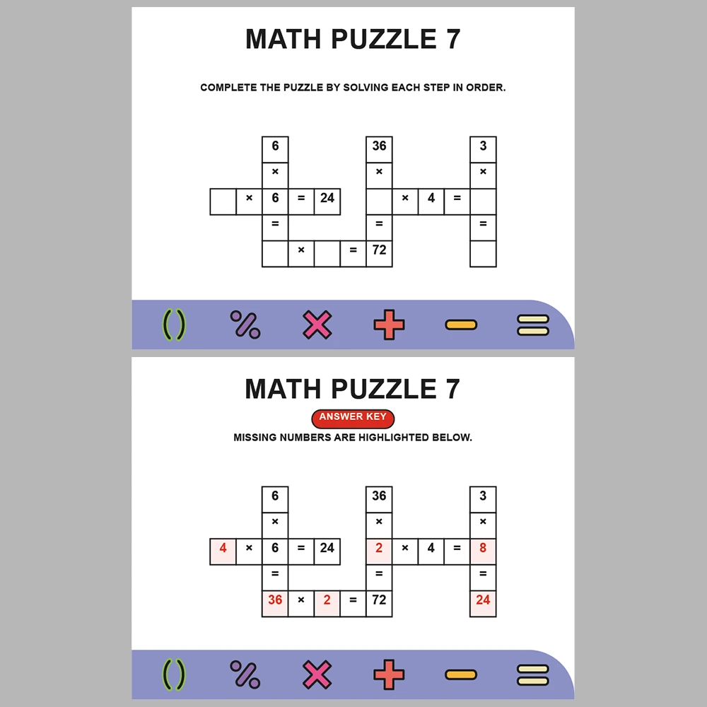 Math Puzzle Multiplication 10 Puzzle Pages + 10 Answer Key Pages (Vol. 2)