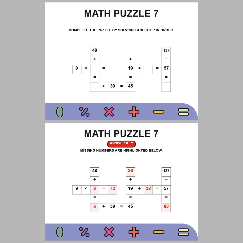 Math Puzzle Four Operations 10 Puzzle Pages + 10 Answer Key Pages (Vol. 19)