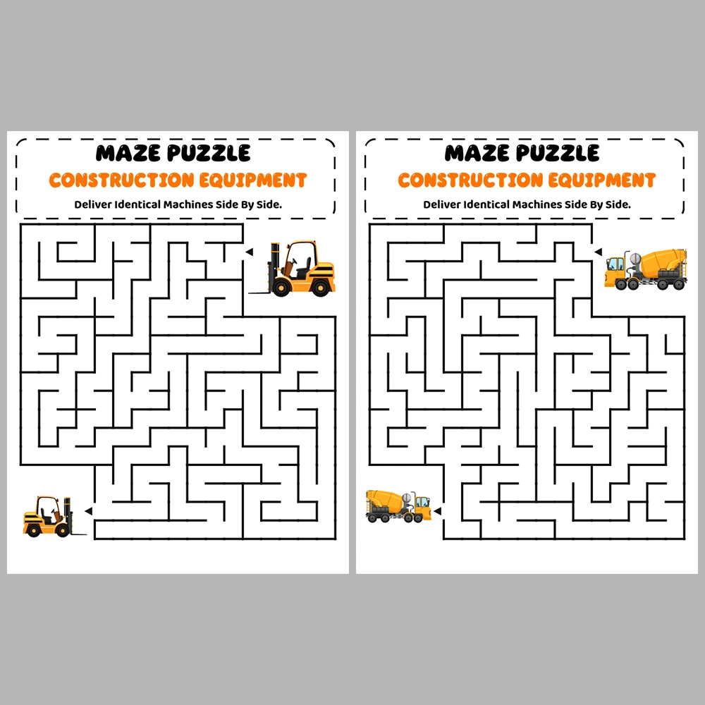 Construction Equipment Kids Maze Puzzle 10 Puzzle Pages + 10 Answer Key Pages
