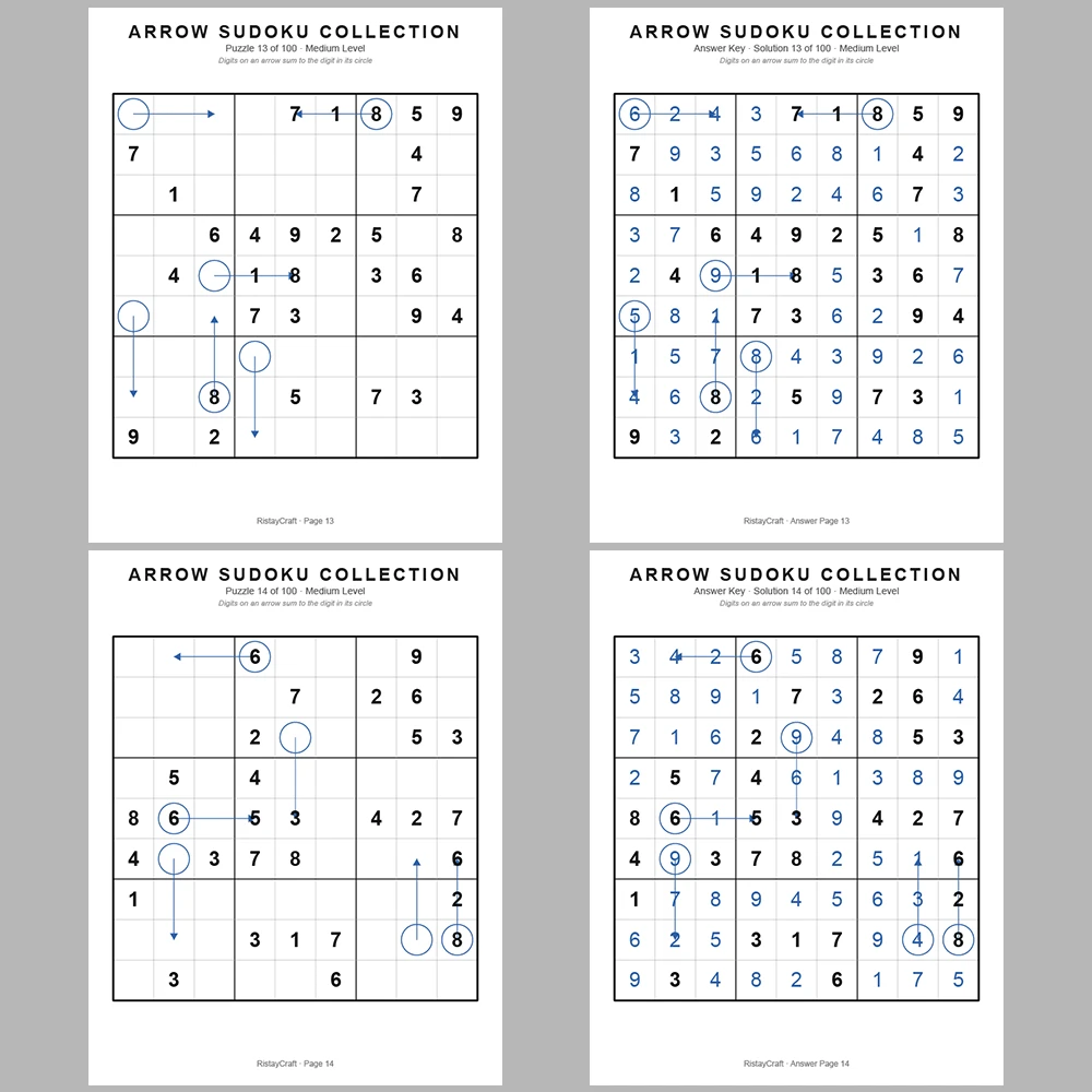 Suooku Puzzle Arrow Sudoku 100 Puzzle Pages + 100 Answer Key Pages
