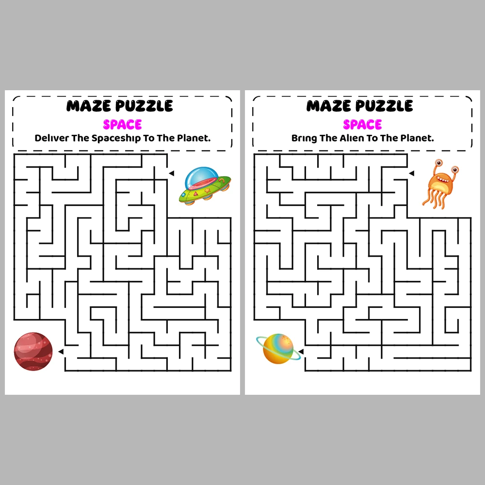 Space Kids Maze Puzzle 10 Pages of Puzzles